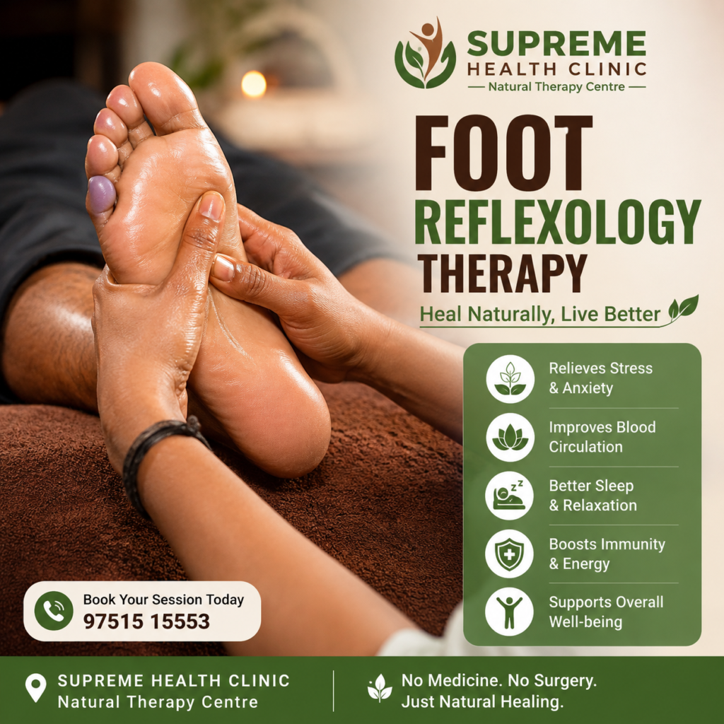"Foot Reflexology Therapy at SUPREME HEALTH CLINIC in Madurai, showing a close-up of an Indian patient receiving a professional reflexology foot massage for relaxation, improved circulation, and natural wellness."