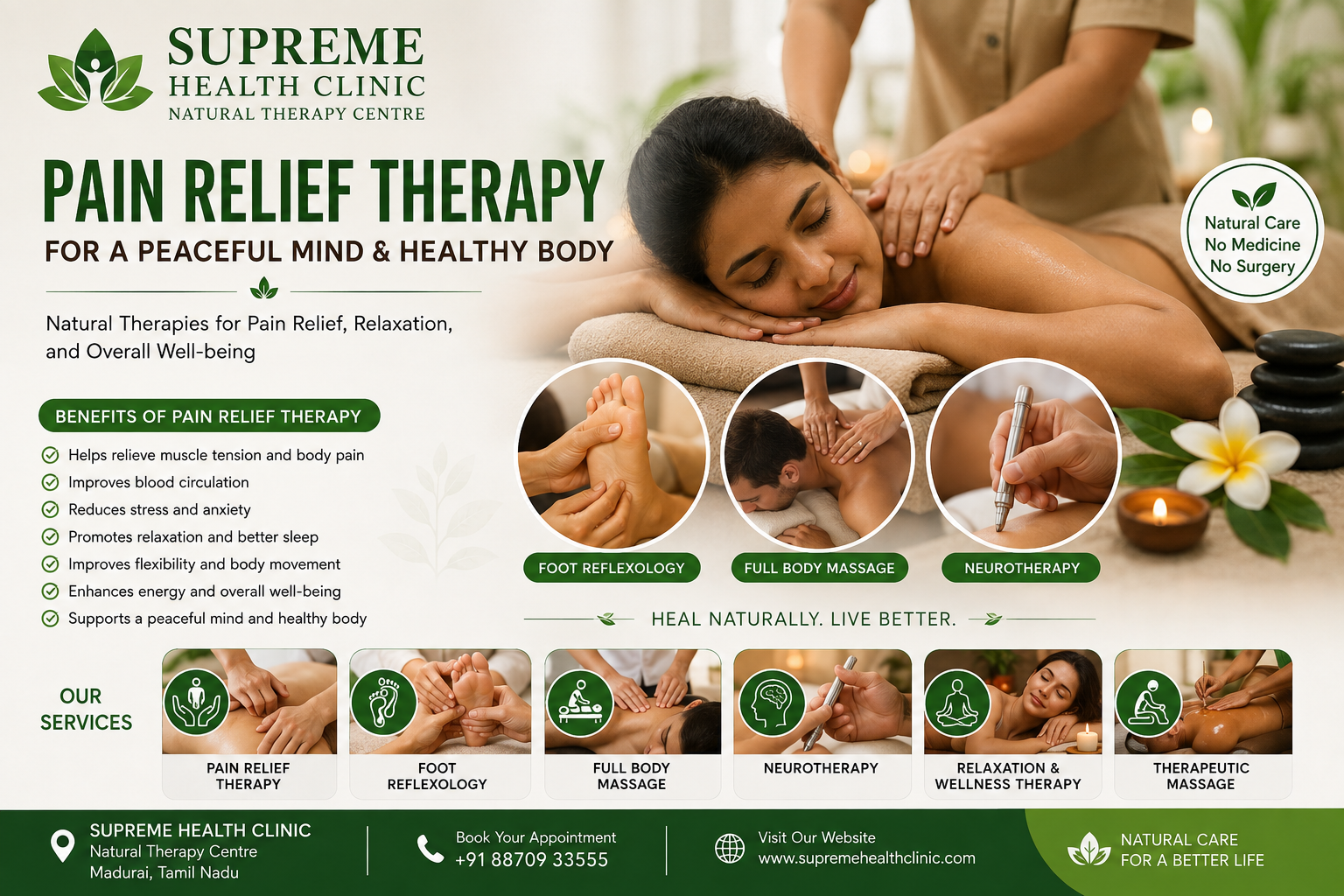 Pain relief therapy and natural therapy services at Supreme Health Clinic in Madurai